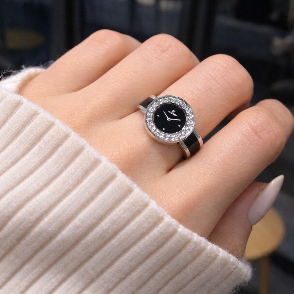Crystal Mini Watch Face Ring – Silver & Black Statement Jewelry - Picture 2 of 2